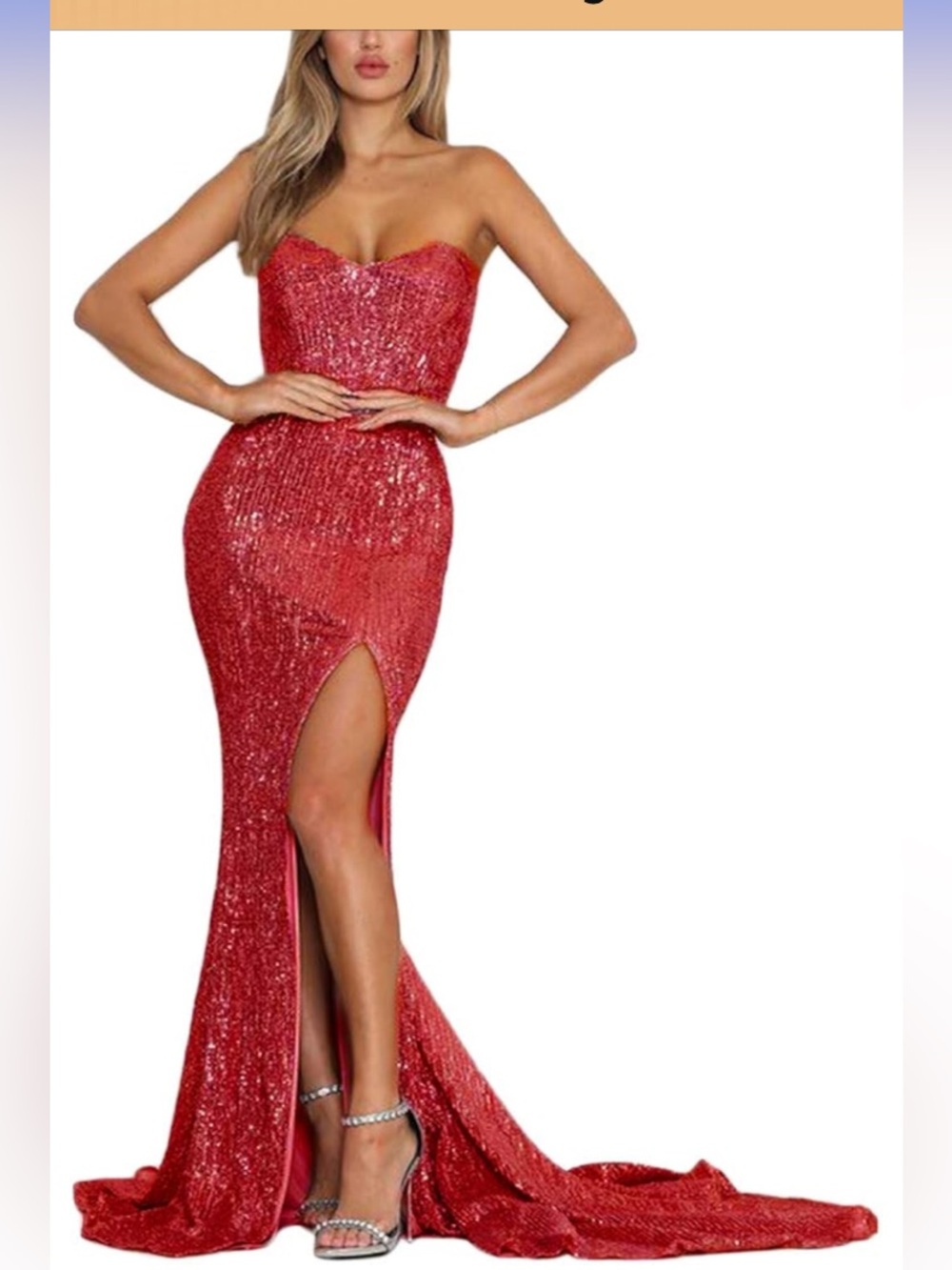 Women’s Red Strapless Sequin Mermaid Gown (1 pc costume)